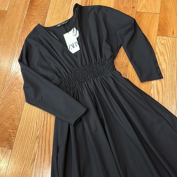 ZARA Midi Dress Elasticized Waist V- Neck - Picture 2 of 10